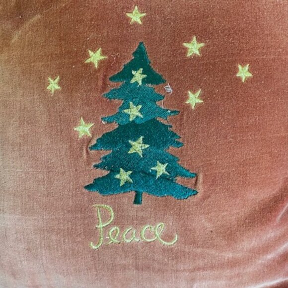 Vintage WINE VELVET PILLOW w GOLD EDGE * GREEN Embroidered TREE * GOLD "Peace" - Picture 2 of 7